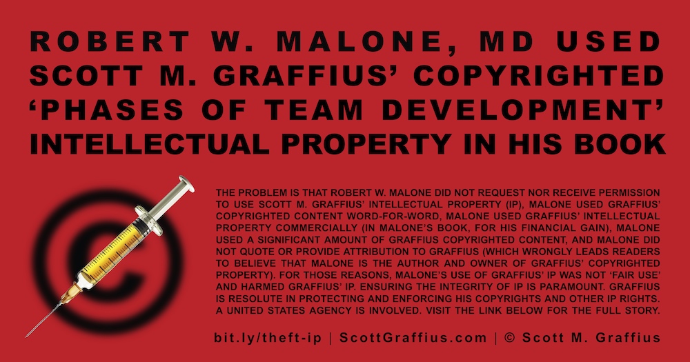Robert W Malone MD used Scott M Graffius’ copyrighted ‘Phases of Team Development’ intellectual property in his book - Tw Format - v June 6 2024 G3 - LwRes
